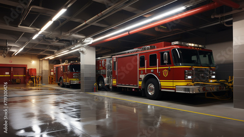 Fire station garage with red truck leaving box. Municipal city service, emergency department hangars car in firehouse illustration