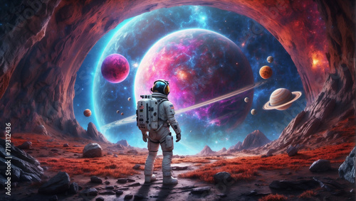 An astronaut in front of a space portal on a fantasy planet