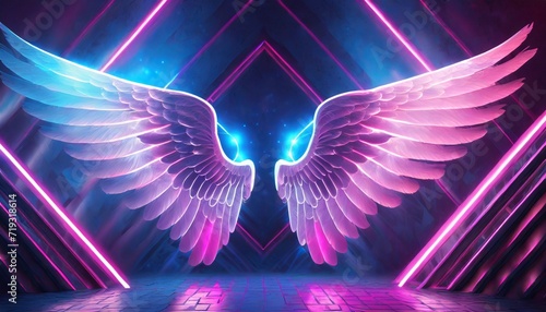 abstract neon angel wings illuminated by pink and blue lights on uv geometric background cyberspace futuristic wallpaper