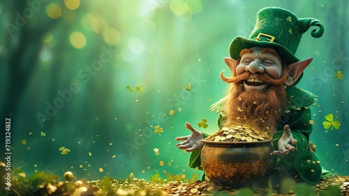 Cheerful Leprechaun with Pot of Gold in Mystic Forest - Patrick's Day concept 