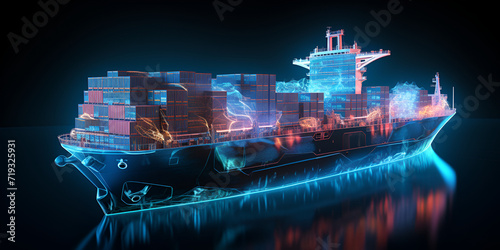 Ship Technology, Futuristic Cargo Port , A close up of a large ship with many lights, Shipping Cargo, Worldwide cargo ship Polygonal wireframe mesh art, Generative AI