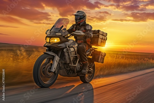 Motorcyclist with a motorcycle on the road at sunset