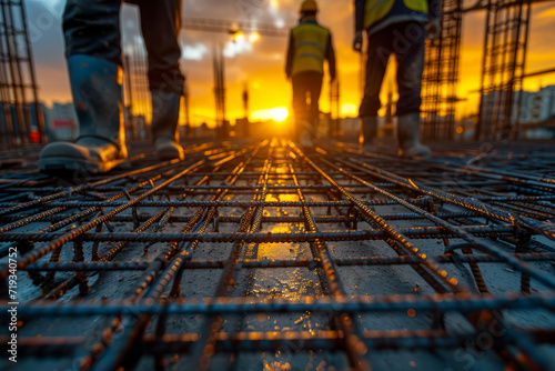Construction workers are walking in building site over steel grid with beautiful sunset in the background.