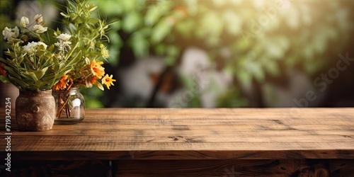 Rustic outdoor scene with wooden table and plant. Product mockup with vintage design.