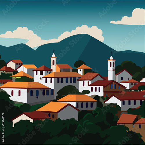Cidade histórica entre as montanhas, Brasil. Estilo barroco. Sol lateral batendo nas casas e igrejas.