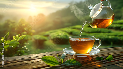 Pours hot tea from glass teapot into a cup on the wooden table with fresh tea leaves on tea plantation background with copy space. Time of Tea concept.