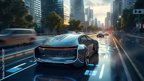 High speed futuristic car at sunset - 3D illustration, 3D render