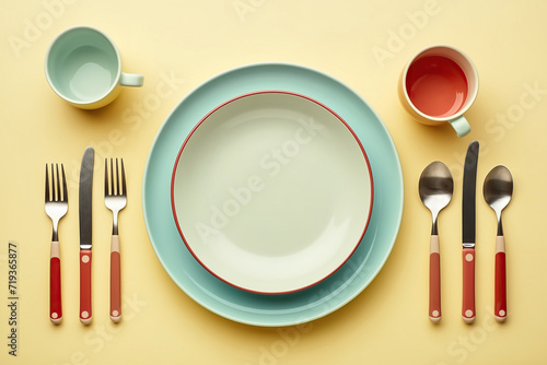 A flay lay top view of a plate showcasing a knife, fork, and spoon arranged in a creative color design concept