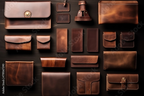 A top view photograph showcasing various leather items arranged creatively on a table, presenting a flat lay design concept