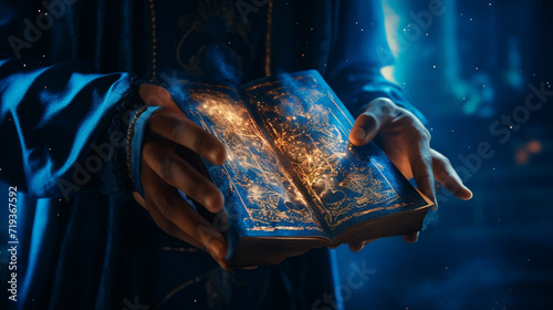 sorcerer casting magic spell using his book of shadows