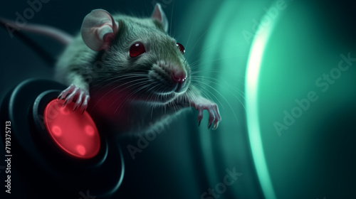 Ratte mit grünem Fell drückt einen rot leuchtenden Button / Knopf / Schalter. Grüner Hintergrund. Fotorealistische Illustration