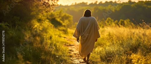 Jesus Serenely Walking Alone On An Ancient Outdoor Path. Сoncept Sunset Beach Picnic, Family Reunion, Summer Garden Party, Hiking Adventure, Fall Fashion Shoot