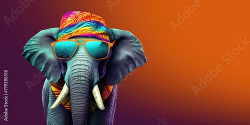 Elephant with colorful hat and blue sunglasses.