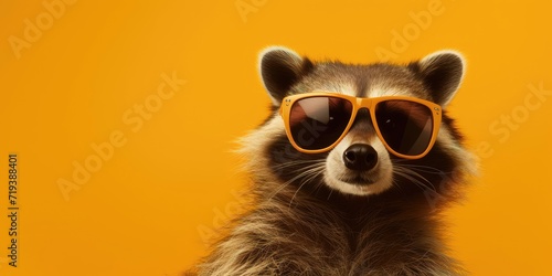 A raccoon with orange sunglasses on an orange background.