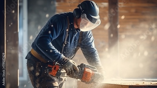 Professional workers are installed on the construction site by the handyman using a jackhammer, which is a concept shared by electricians and handymen.