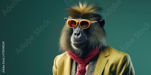 A mandrill in a stylish outfit with orange sunglasses.