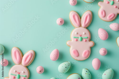 Easter composition with Easter pink bunny cookies and decorated eggs on a mint background. Copy space. Top view.