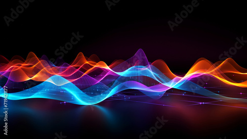 Vibrant neon waves undulate across a dark background illustrating a dynamic abstract digital landscape