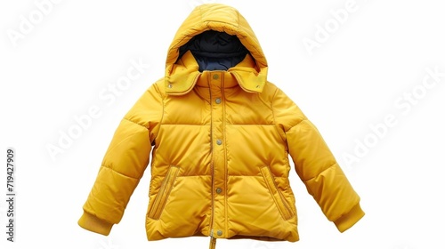 Children winter jacket. Stylish children yellow warm down jacket isolated on white background. Winter fashion