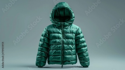 Green emerald children's winter autumn jacket with a hood isolated on gray background. Waterproof jacket for child, warm down jacket. Cutout clothing mockup. Fashion, style, outerwear