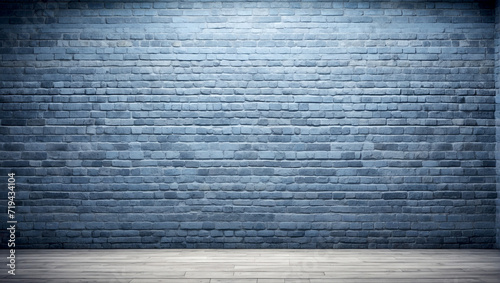 Wide old classic blue color panoramic background of brick wall texture. Home or office design background