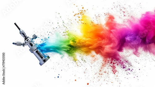 professional chrome metal airbrush acrylic color paint gun tool with colorful rainbow spray holi powder cloud explosion isolated on white panorama background industry art scale model modelling concept