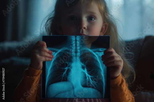 A little girl is holding up an x-ray picture. This image can be used to illustrate medical diagnostics or the importance of healthcare