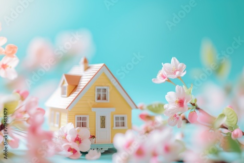A small yellow house with a beautiful garden of pink flowers. Perfect for home decor or real estate advertisements