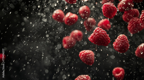  raspberries flying down on a black surface in