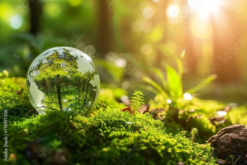 Enchanting Forest Scene: Green Globe Amidst Moss And Sunlight