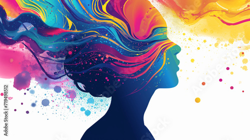 Colorful Lines Radiate from Woman's Profile. Neurodiversity Concept. Abstract banner for neuro diversity month celebration.