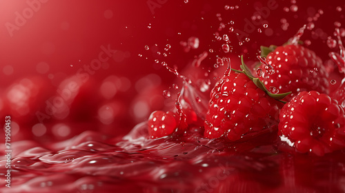  raspberry water droplets splashing into the red backg