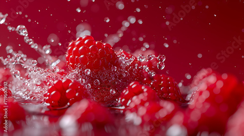 raspberry water droplets splashing into the red backg