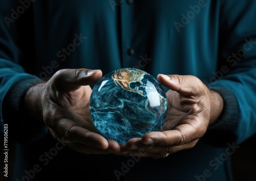 Cradled earth in palms against a dark backdrop, signaling stewardship and global awareness