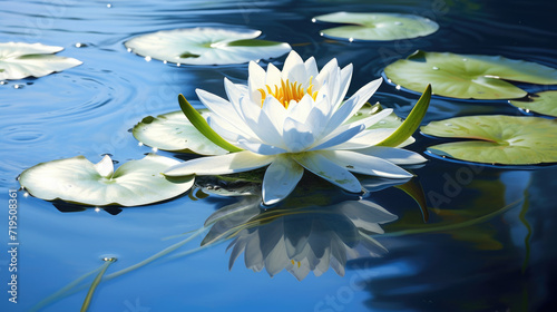 Serene image of white water lily floating gracefully on surface of peaceful pond. Perfect for nature enthusiasts and those seeking tranquility.