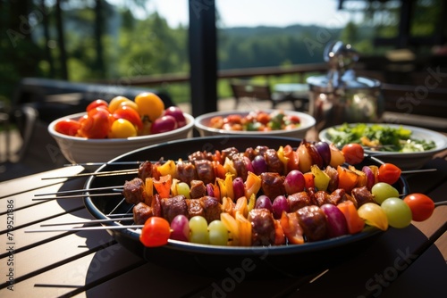 Fruit skewers on the grill, Campo Verde and a quiet picnic on the farm with colorful balloons and croquet games., generative IA