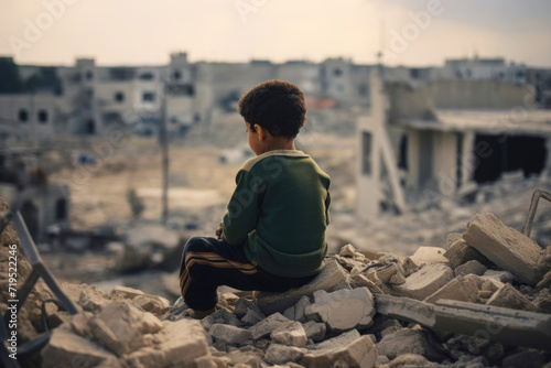 A child sits on the ruins of his house after the bombing