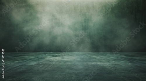 Inside an expansive, dusky room with a concrete floor, a gentle olive fog drifts across a dark green background.
