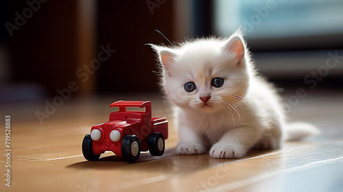 A small white kitten lies on its back and plays funny with a red toy car 