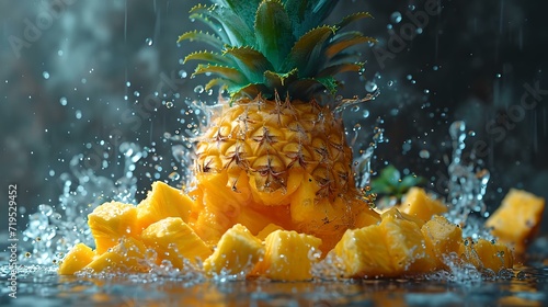 Fresh pineapple and splashing water on a dark background. vibrant tropical fruit image perfect for food blogs. juicy and fresh visual. AI