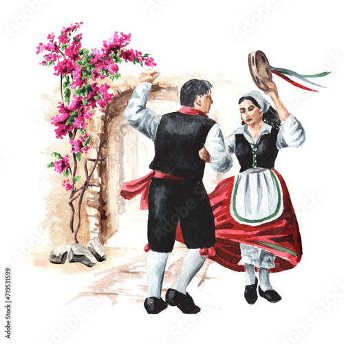 Italian folk dances. A couple of dancers in national costumes. Hand drawn watercolor illustration isolated on white background