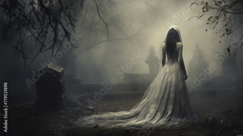 La Llorona vengeful bride ghost standing in a graveyard