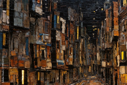 Abstract oil painting of an old building in the middle of the city
