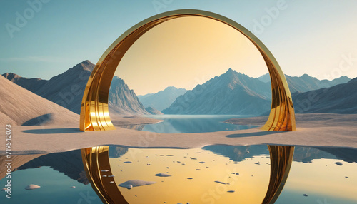 3d render, surreal panoramic background. Abstract minimal wallpaper of fantastic landscape with golden mirror arches, hills and water reflection