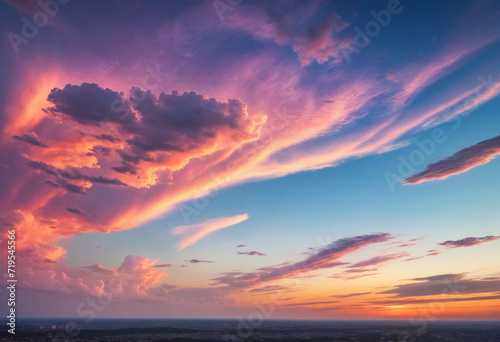AI generated digital painting of a surreal and vibrant sunset sky filled with a variety of colourful clouds 
