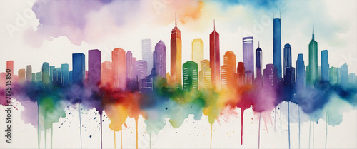 Rainbow-colored watercolor painting of city skyscrapers