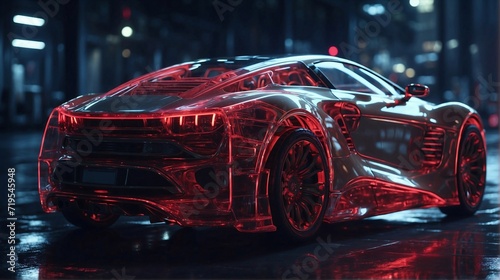 transparent futuristic sports car on neon highway lights on street. Powerful acceleration of a supercar with colorful lights trails. Generative AI