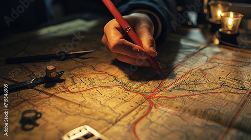 A detective poring over a vintage map of the city, tracing the path of a serial killer's twisted spree with a red marker, as the city's landmarks and streets become a labyrinth of