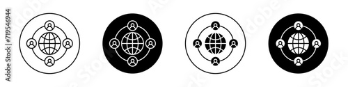 Outsourcing icon set. Globe affliate network communication vector symbol in a black filled and outlined style. Internet Remote work sign.