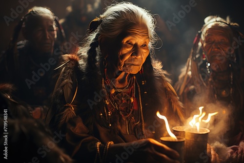Elder shaman conducts purification with herbal smoke in a sacred ceremony., generative IA